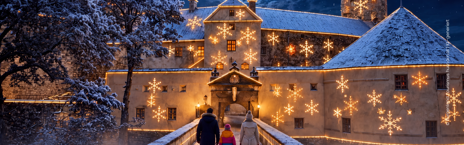 Festlich dekorierte und beleuchtete Burg Schlaining. Winterwunder auf Burg Schlaining. © Burgenland Tourismus hum.ai.n.at - KI -generiert.
