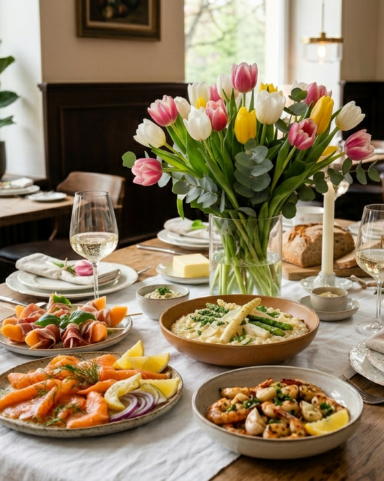 Gedeckter Tisch mit Speisen, Getränken und Blumen.