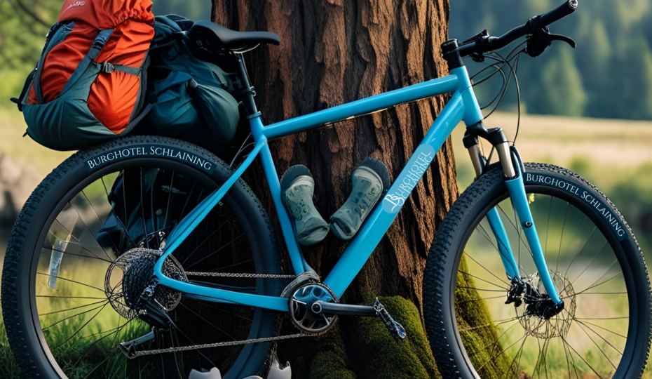 Rad mit Rucksäcken beladen lehnt an einem Baum, davor stehen Wanderschuhe