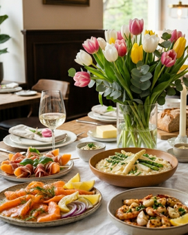 Schön gedeckter Tisch mit Lachs, Garnelen, Spargelrisotto und mehr zum Muttertag