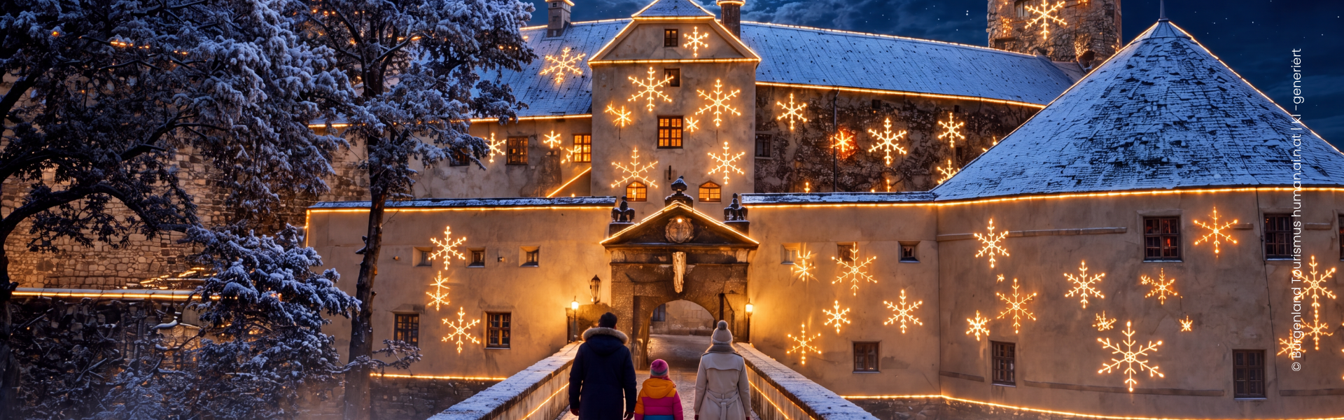 Festlich dekorierte und beleuchtete Burg Schlaining. Winterwunder auf Burg Schlaining. © Burgenland Tourismus human.ai.n.at - KI -generiert.