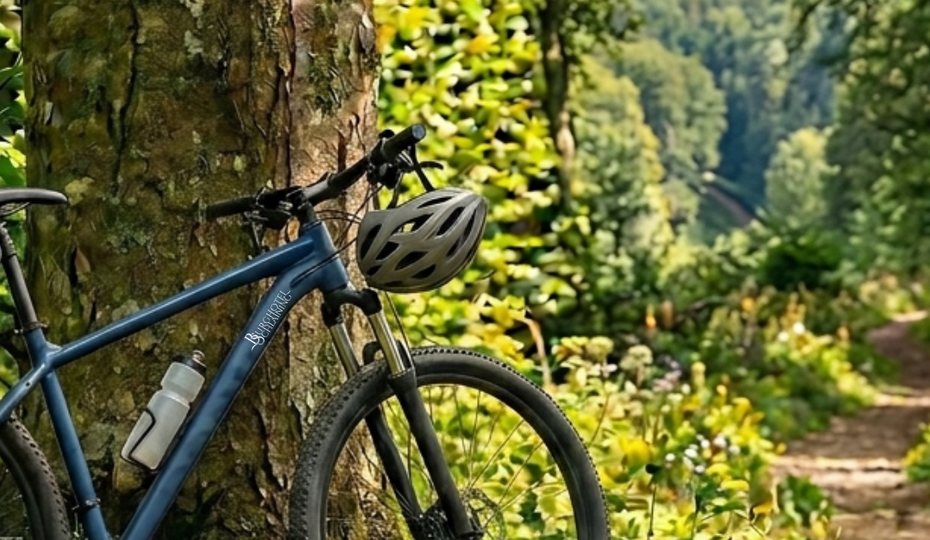 Fahrrad an einen Baum im Wald gelehnt. Mountainbike an einen Baum im Wald gelehnt.