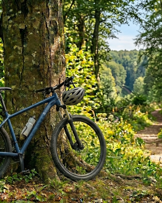 Mountainbike an einen Baum im Wald gelehnt.