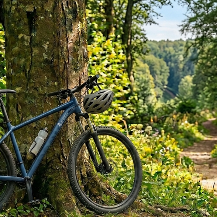 Mountainbike an einen Baum im Wald gelehnt.