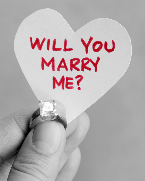 Hand mit Verlobungsring und Schild "Will you mary me?".
