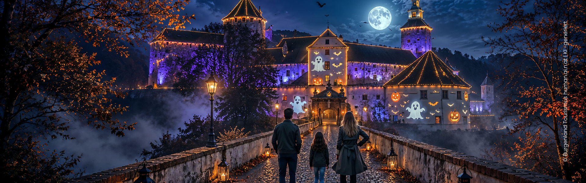 Magische Beleuchtung und fantastische Fabelwesen auf Burg Schlaining (c) Burgenland Tourismus_hum.ai.n.at_KI-generiert