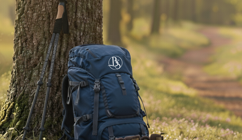 Wanderstöcke, Wanderrucksack und Wanderschuhe lehnen an einem Baum im Wald.