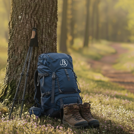 Wanderstöcke, Wanderrucksack und Wanderschuhe lehnen an einem Baum im Wald.