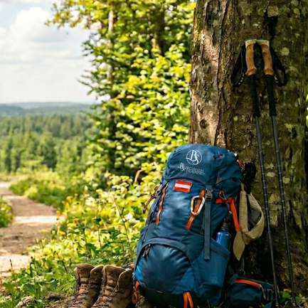 Rucksack, Wanderschuhe und -stöcke an einen Baum im Wald gelehnt.