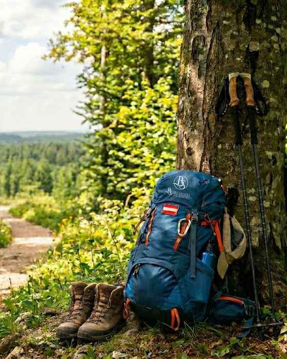 Rucksack, Wanderschuhe und -stöcke an einen Baum im Wald gelehnt.