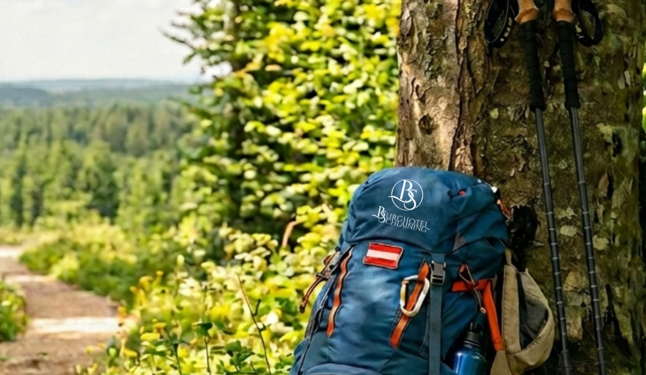 Rucksack, Wanderschuhe und -stöcke an einen Baum im Wald gelehnt. Rucksack, Wanderschuhe und -stöcke an einen Baum im Wald gelehnt.