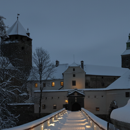Winterliche Außenaufnahme der Friedensburg Schlaining.
