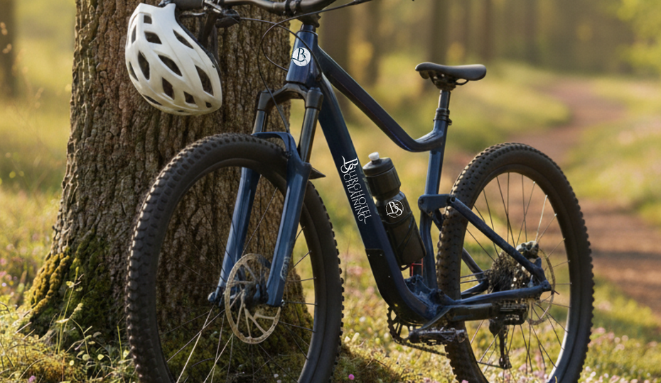 Fahrrad mit Fahrradhelm an einen Baum gelehnt im Wald.