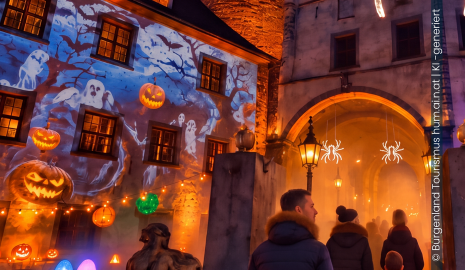 Magische Beleuchtung und fantastische Fabelwesen auf Burg Schlaining (c) Burgenland Tourismus_hum.ai.n.at_KI-generiert